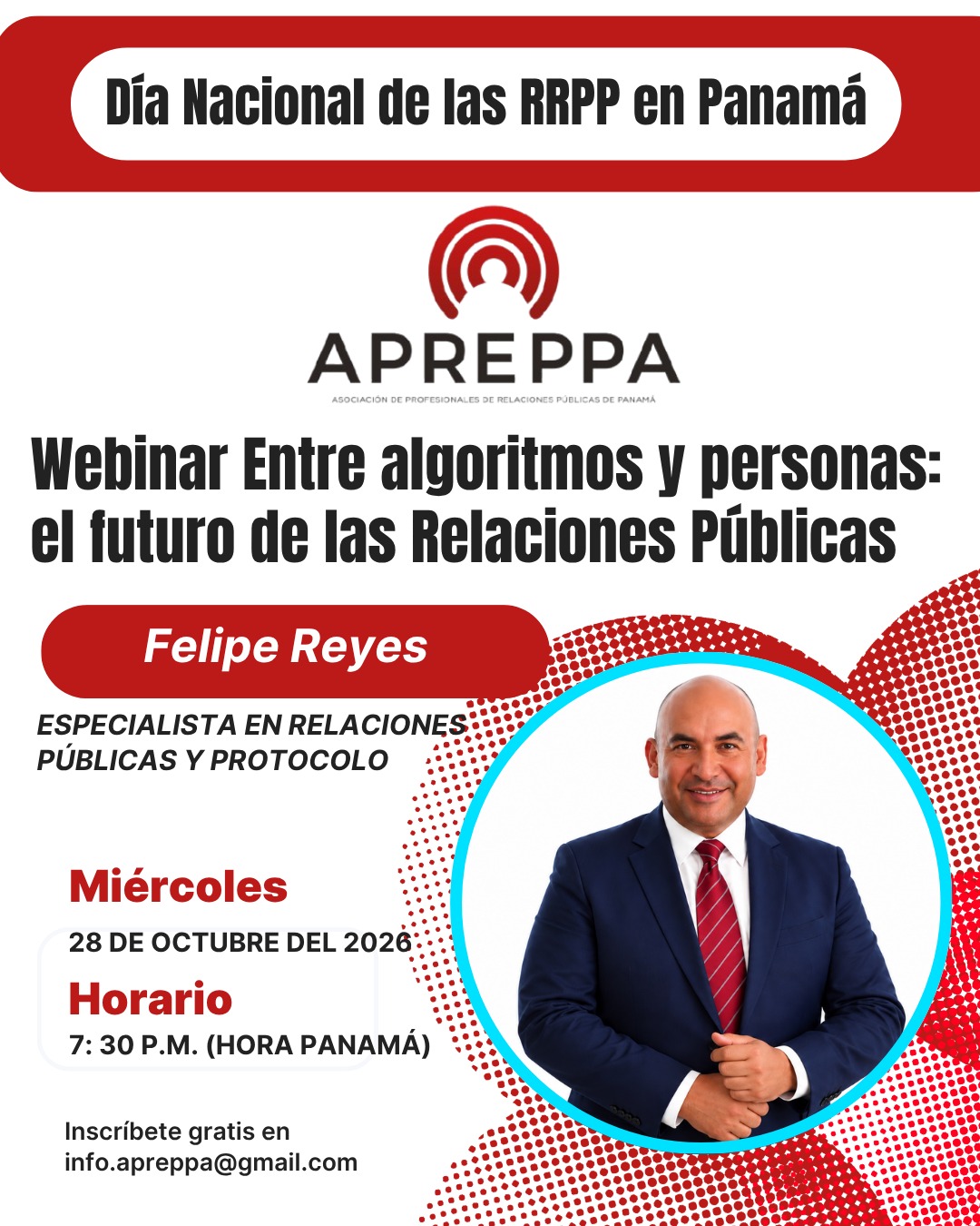 Cartel del webinar «Entre algoritmos y personas: el futuro de las Relaciones Públicas», APREPPA Panamá