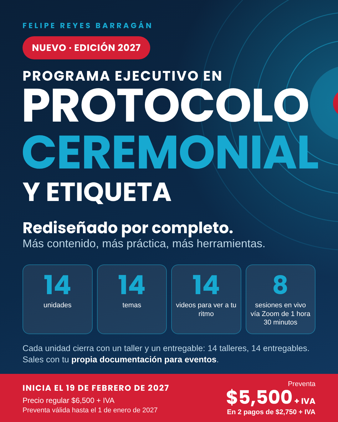 Programa ejecutivo en protocolo, ceremonial y etiqueta, edición 2027: 14 unidades, 14 temas, 14 videos y 8 sesiones en vivo por Zoom. Inicia el 19 de febrero de 2027